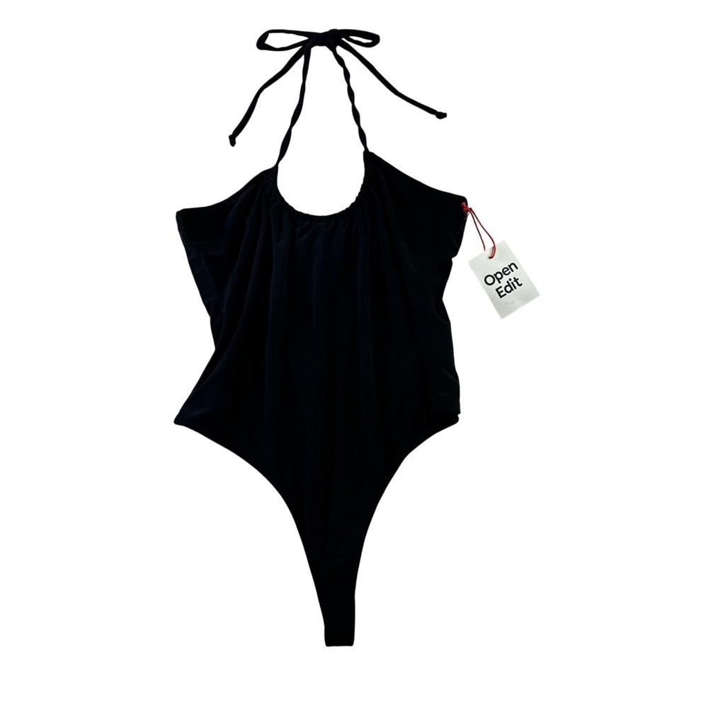 NWT Open Edit Black Halter Neck Ruched Bodysuit‎ Thong Layering Stretch Size S